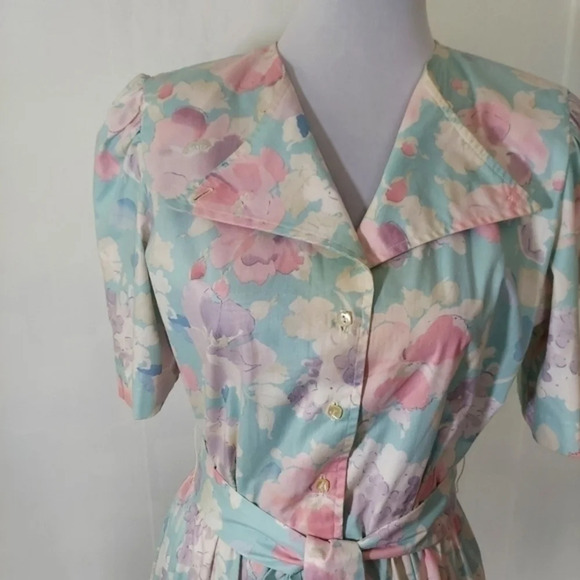 Vtg 80s Lili Richard's Aqua Lavendar Pink Floral Button Down Floral Dress - Picture 15 of 16